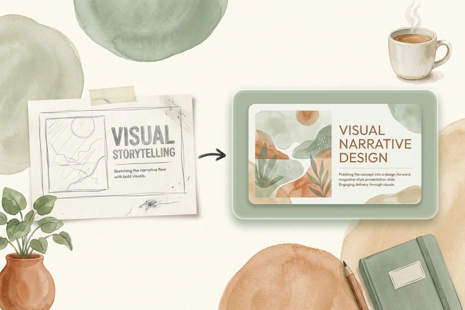 A clean illustration of an editorial, Swiss-grid presentation slide held in a green selection frame with a pen tool, on a near-white dot-grid ground