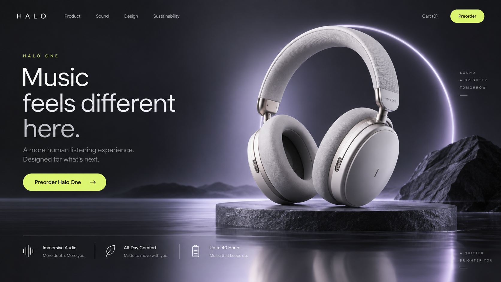 AI website builder example for a product launch, showing a complete desktop landing page with headphones, launch copy, and product specifications.