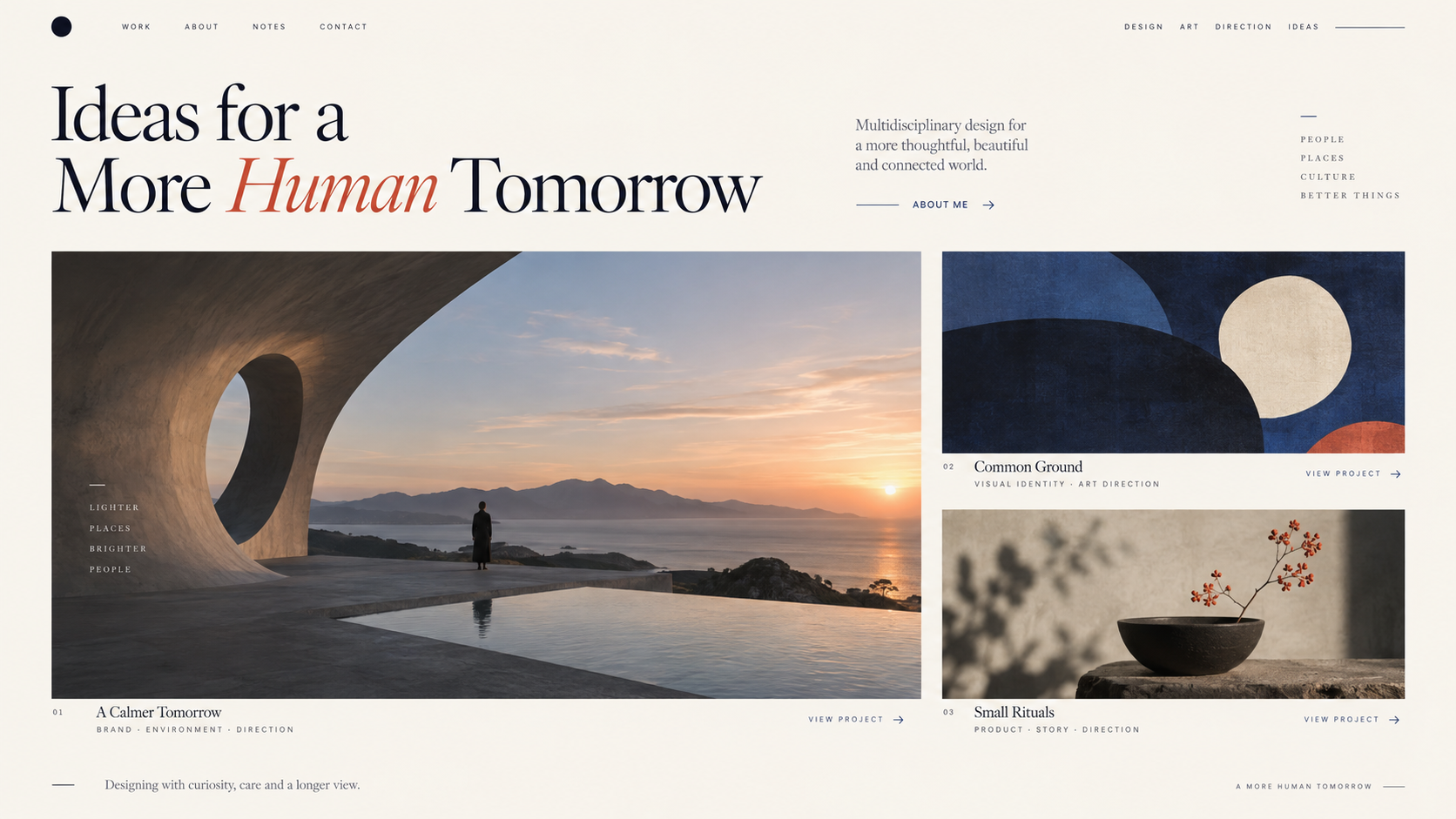 AI portfolio website builder example showing a complete desktop creative portfolio with a featured project, supporting case studies, varied image ratios, and editorial project context.