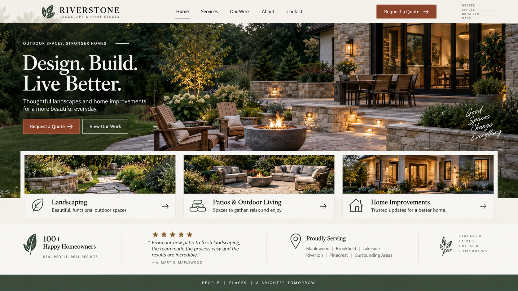 AI website builder for small businesses example showing a complete desktop outdoor-living service homepage with project photography, services, credentials, service area, and quote call to action.