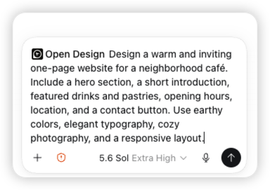 Prompt real de Codex que pide a OpenDesign crear el sitio web acogedor de una cafetería de barrio