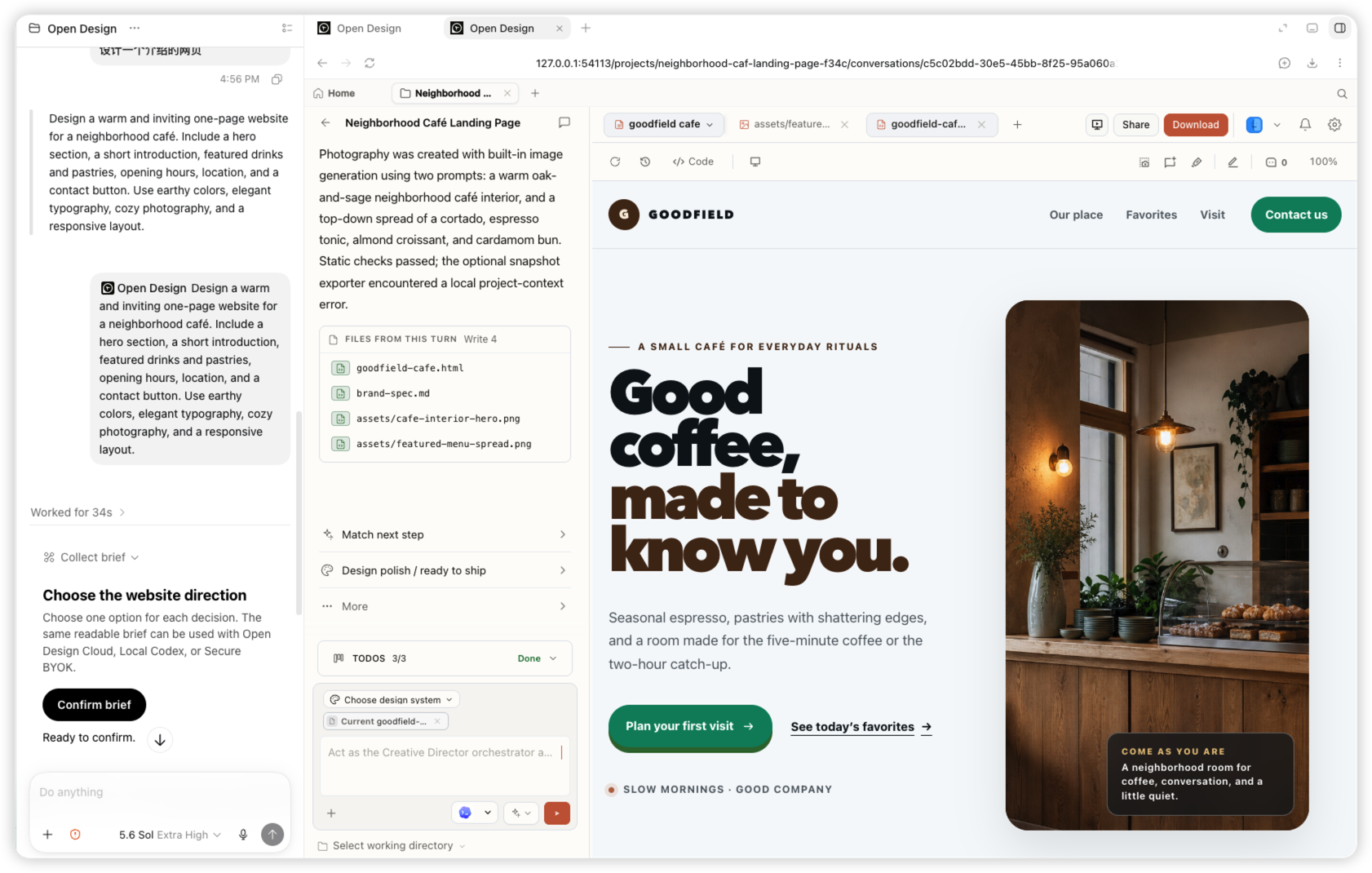 Landing page terminada de la cafetería de barrio Goodfield, generada mediante el plugin de OpenDesign en Codex