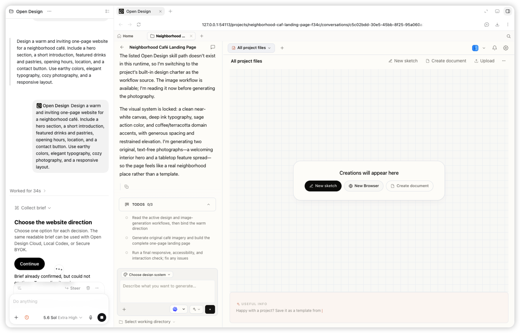 Espacio de trabajo real de Codex y OpenDesign mientras se genera el sitio web de la cafetería de barrio