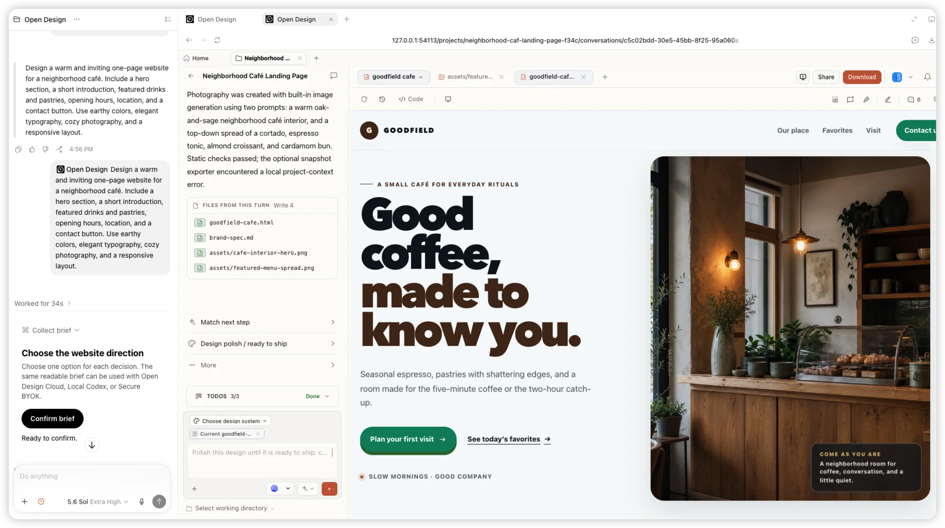 Una tarea real de Codex que usa el plugin de OpenDesign junto al sitio web terminado de la cafetería Goodfield