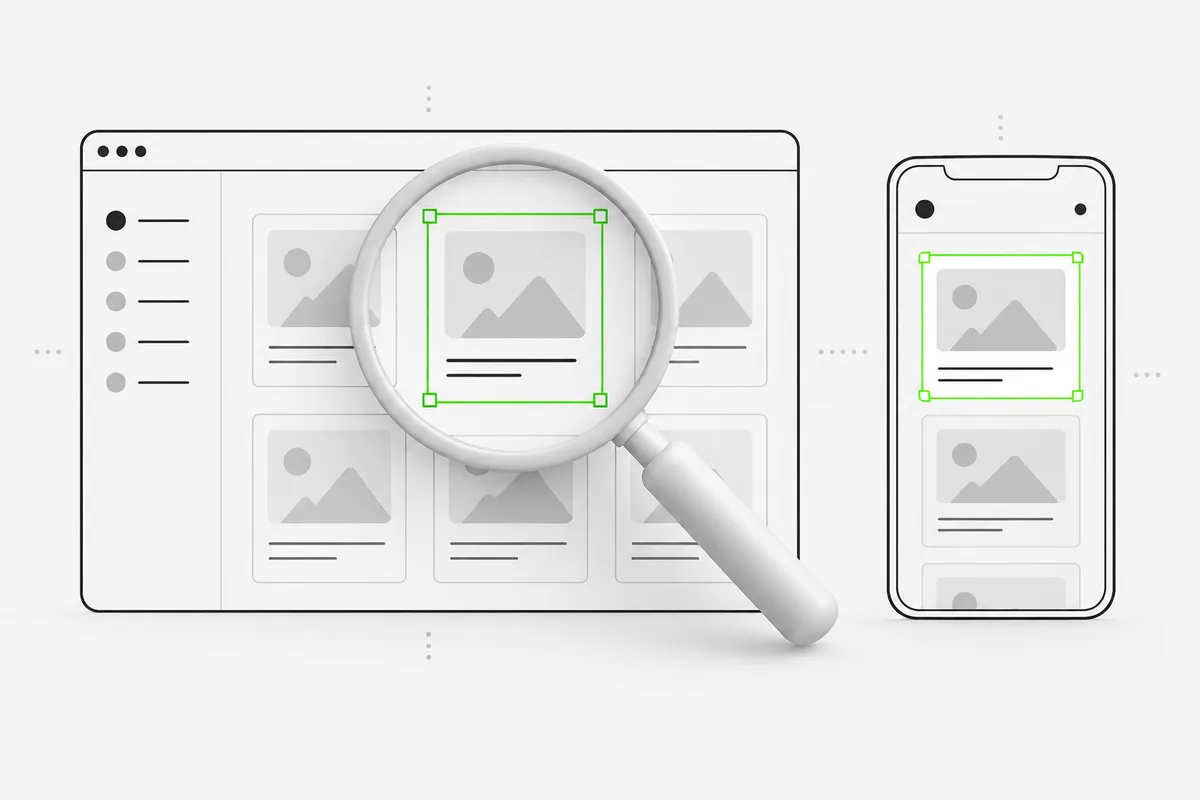 A magnifying glass checks the same design component on desktop and mobile.