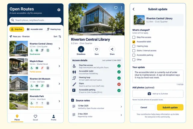 Open Routes, a fictional accessible city guide, showing places; access details; submit update in three mobile app screens.