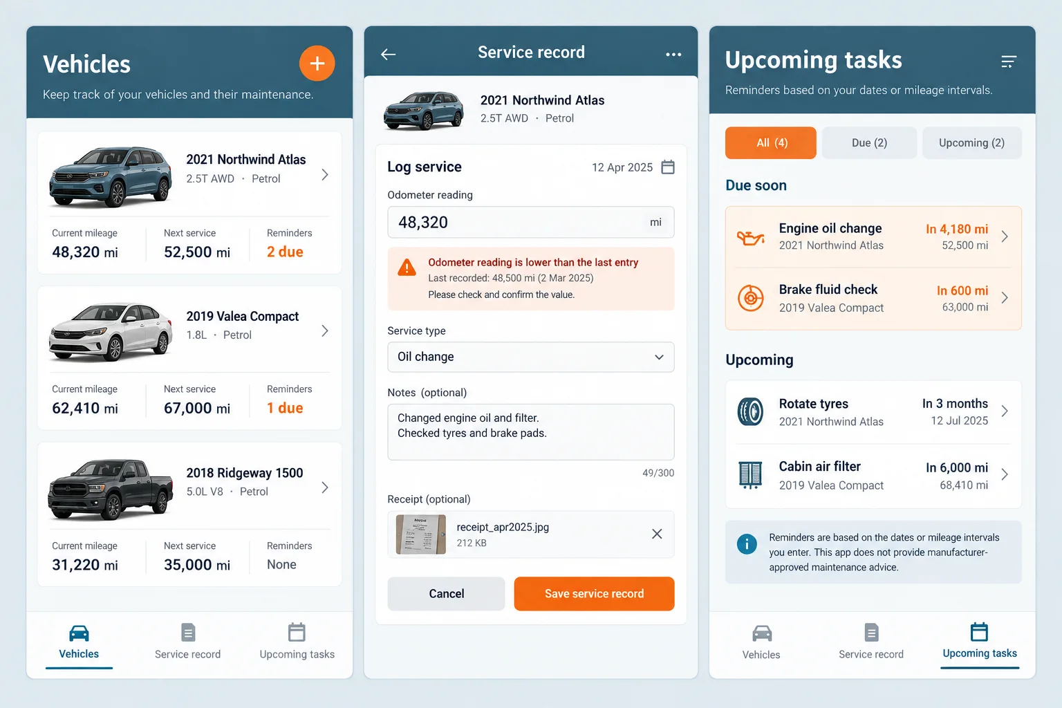 Mileage, a fictional car maintenance log, showing vehicles; service record; upcoming tasks in three mobile app screens.