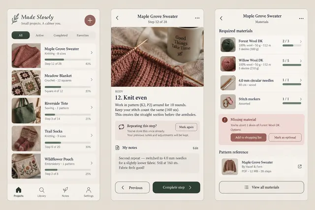Made Slowly, a fictional craft project tracker, showing projects; pattern step; materials in three mobile app screens.