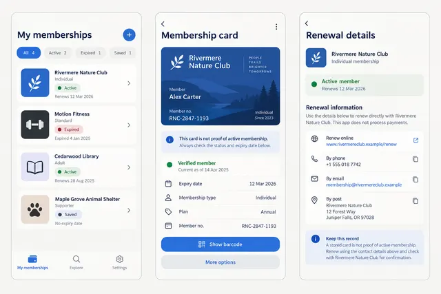 Member, a fictional digital membership wallet, showing my memberships; membership card; renewal details in three mobile app screens.