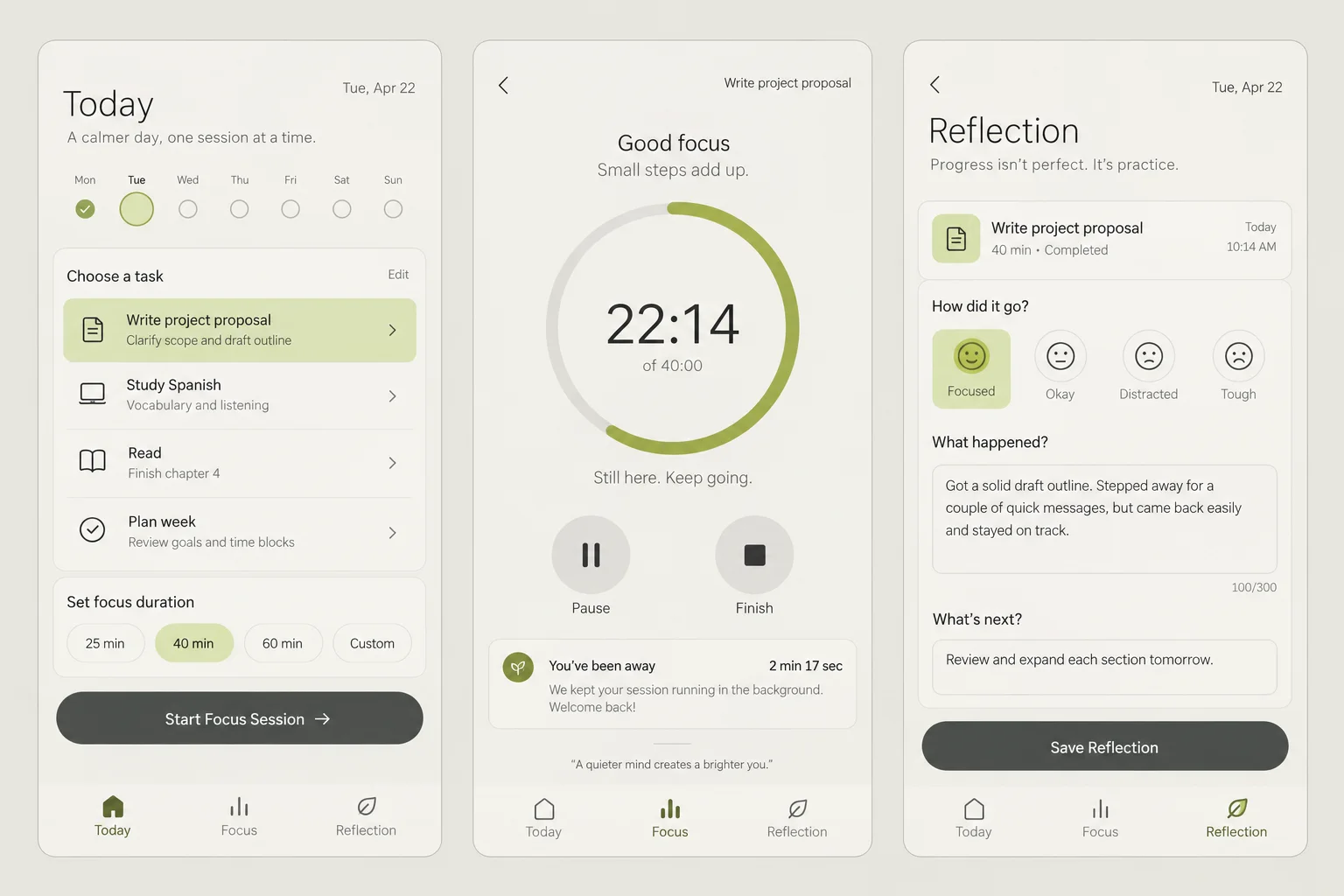 Still, a fictional focus session timer, showing today; focus session; reflection in three mobile app screens.