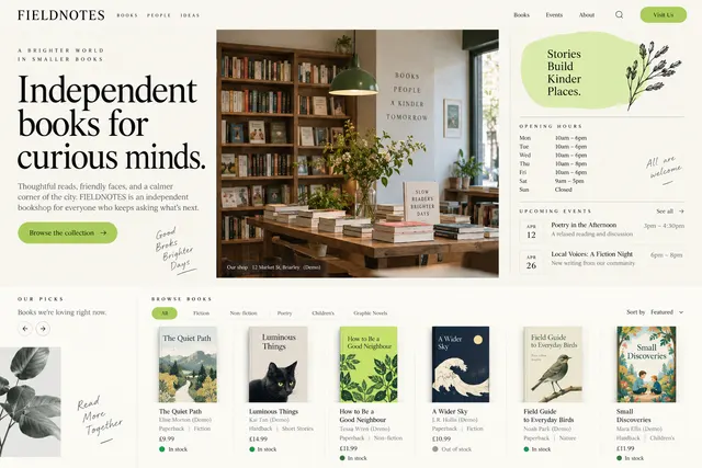 AI-generated visual concept for independent bookshop website