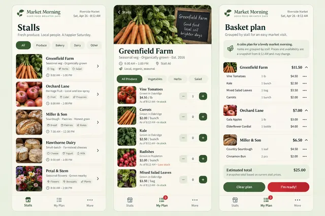 Market Morning, a fictional local market shopping list, showing stalls; product list; basket plan in three mobile app screens.