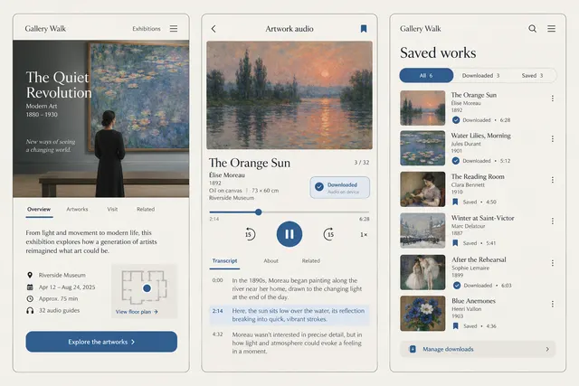 Gallery Walk, a fictional museum audio guide, showing exhibition; artwork audio; saved works in three mobile app screens.