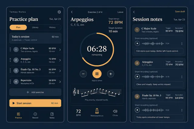 Tempo Notes, a fictional music practice journal, showing practice plan; exercise timer; session notes in three mobile app screens.