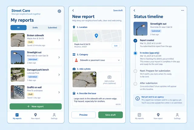 Street Care, a fictional neighborhood repair report, showing my reports; new report; status timeline in three mobile app screens.