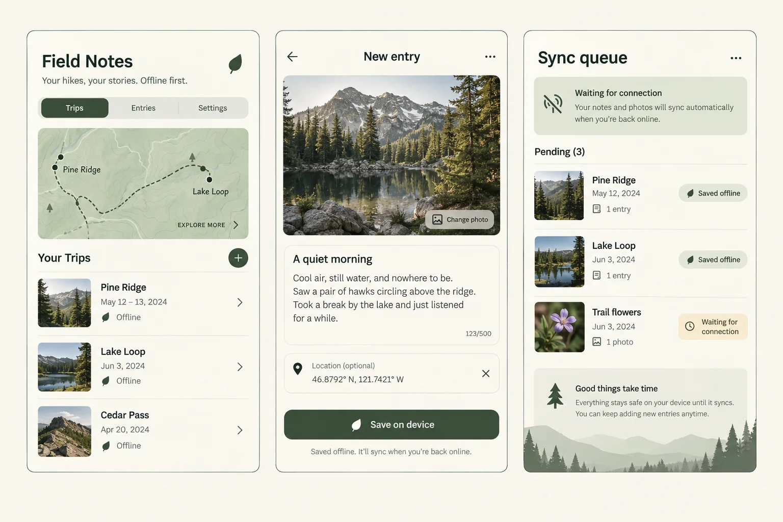 Field Notes, a fictional offline hiking journal, showing trips; new entry; sync queue in three mobile app screens.