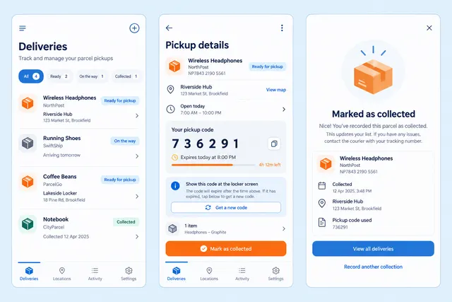Parcel, a fictional parcel pickup organizer, showing deliveries; pickup details; collected in three mobile app screens.