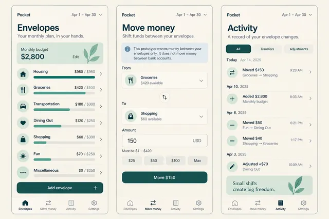 Pocket, a fictional budget envelope planner, showing envelopes; move money; activity in three mobile app screens.
