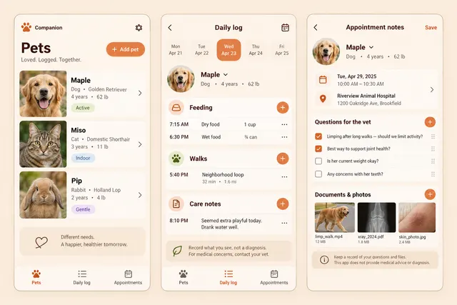 Companion, a fictional pet care log, showing pets; daily log; appointment notes in three mobile app screens.