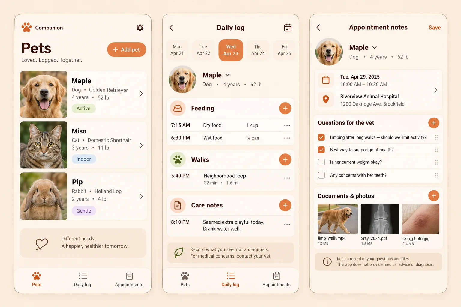 Companion, a fictional pet care log, showing pets; daily log; appointment notes in three mobile app screens.