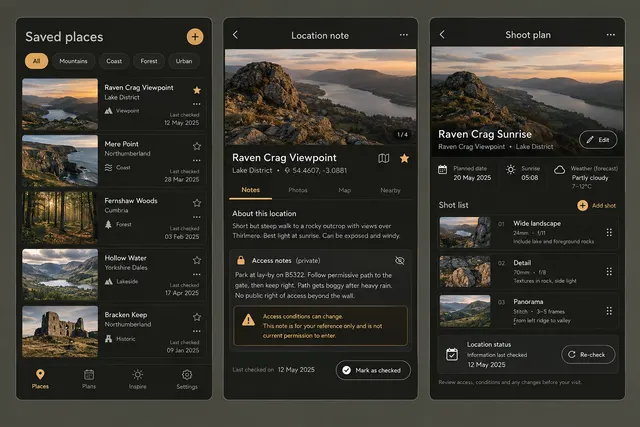 Scout, a fictional photography location notes, showing saved places; location note; shoot plan in three mobile app screens.
