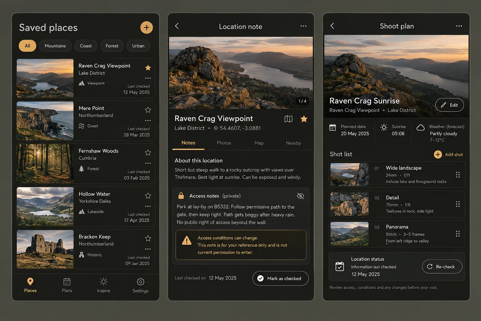 Scout, a fictional photography location notes, showing saved places; location note; shoot plan in three mobile app screens.