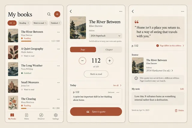 Margin, a fictional reading notes library, showing my books; reading session; saved quote in three mobile app screens.