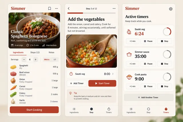 Simmer, a fictional recipe cooking mode, showing recipe; cooking step; active timers in three mobile app screens.