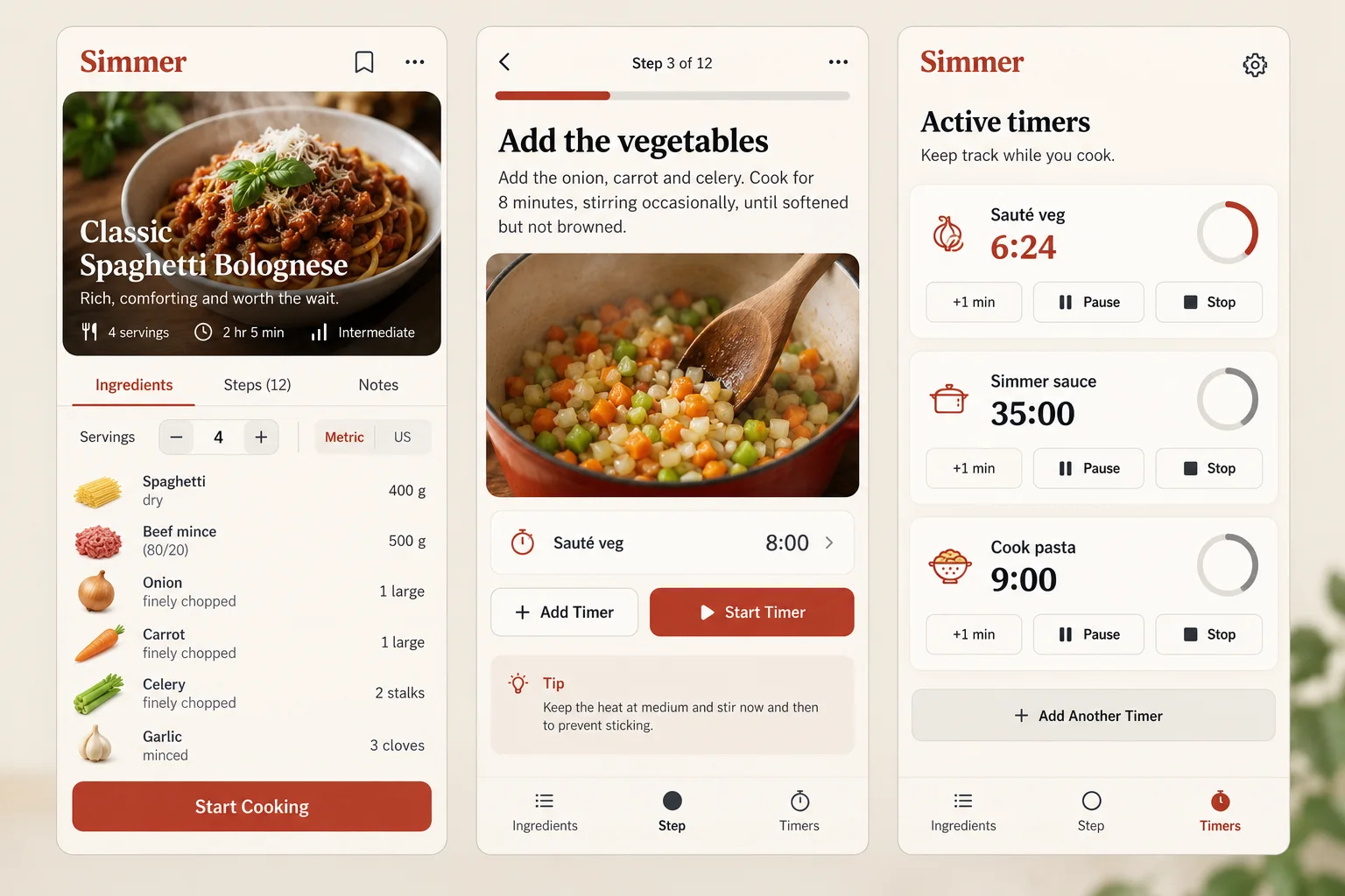 Simmer, a fictional recipe cooking mode, showing recipe; cooking step; active timers in three mobile app screens.