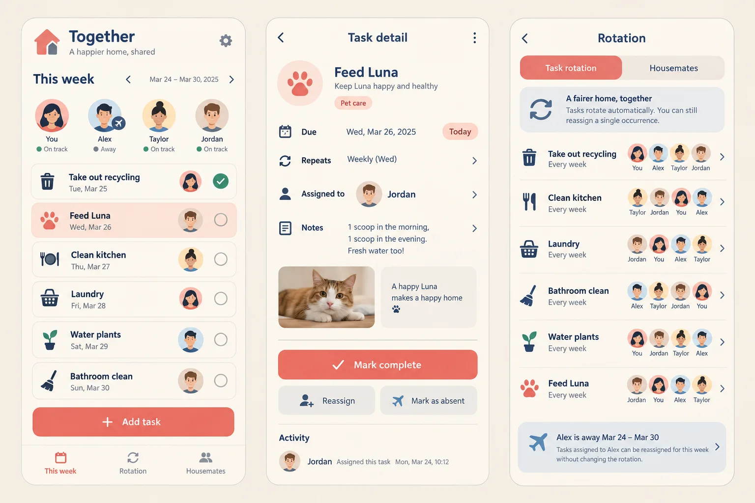 Together, a fictional shared household tasks, showing this week; task detail; rotation in three mobile app screens.