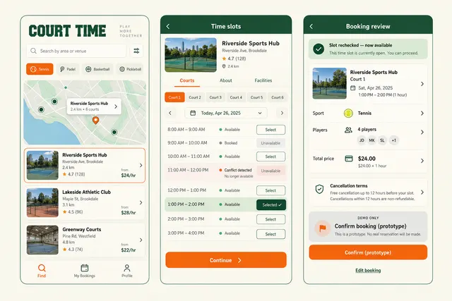 Court Time, a fictional sports court booking, showing court finder; time slots; booking review in three mobile app screens.