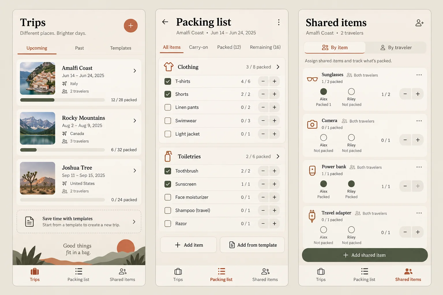 Packed, a fictional travel packing checklist, showing trips; packing list; shared items in three mobile app screens.