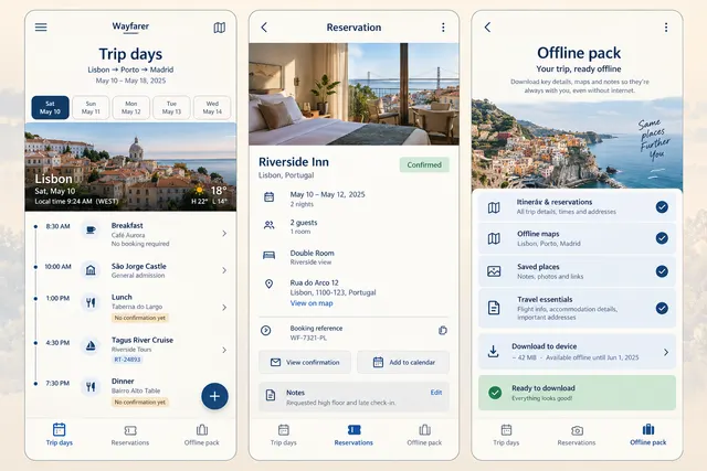 Wayfarer, a fictional trip itinerary organizer, showing trip days; reservation; offline pack in three mobile app screens.