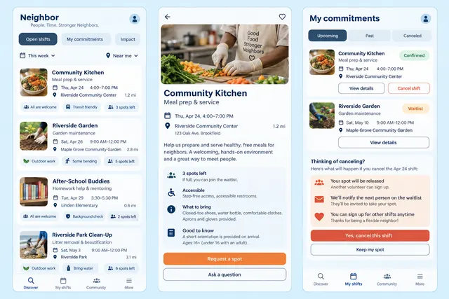 Neighbor, a fictional volunteer shift signup, showing open shifts; shift detail; my commitments in three mobile app screens.