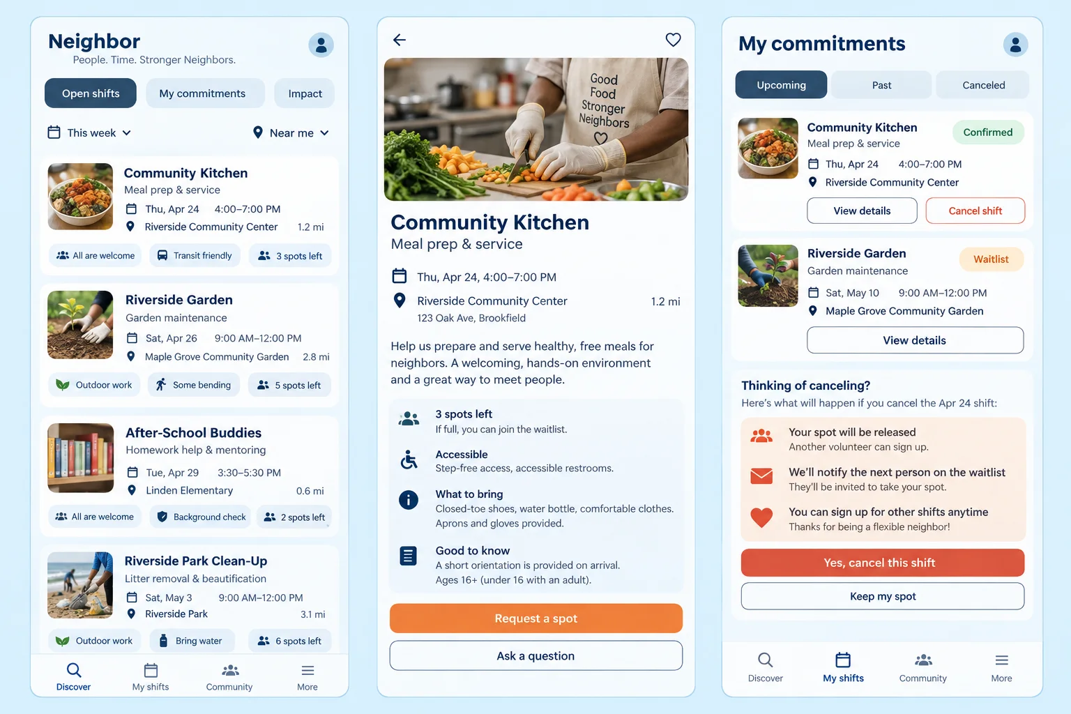 Neighbor, a fictional volunteer shift signup, showing open shifts; shift detail; my commitments in three mobile app screens.