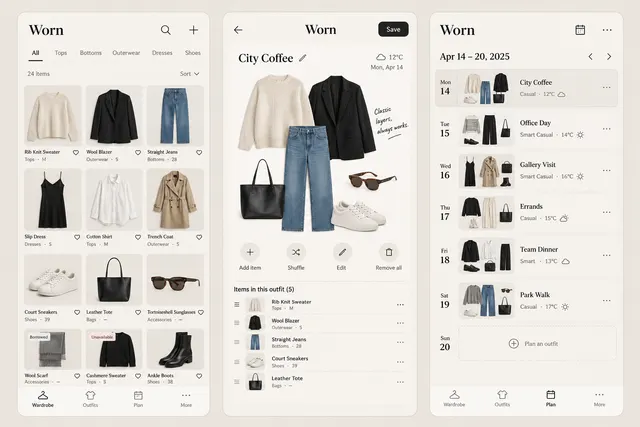 Worn, a fictional wardrobe outfit planner, showing wardrobe; outfit canvas; week plan in three mobile app screens.