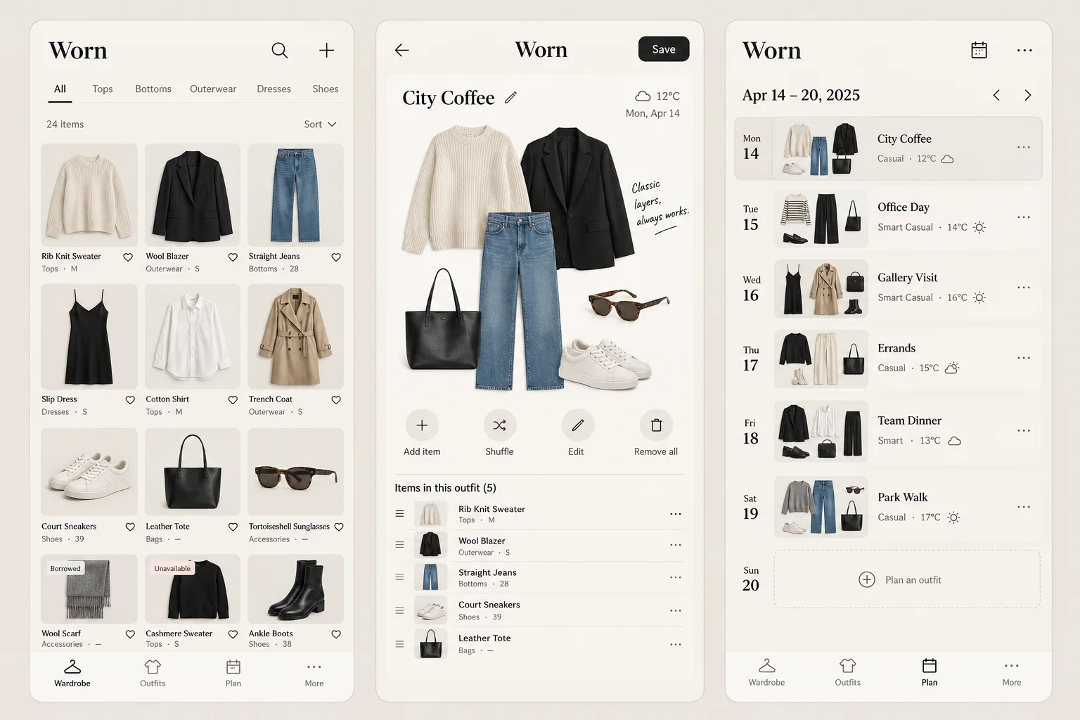 Worn, a fictional wardrobe outfit planner, showing wardrobe; outfit canvas; week plan in three mobile app screens.