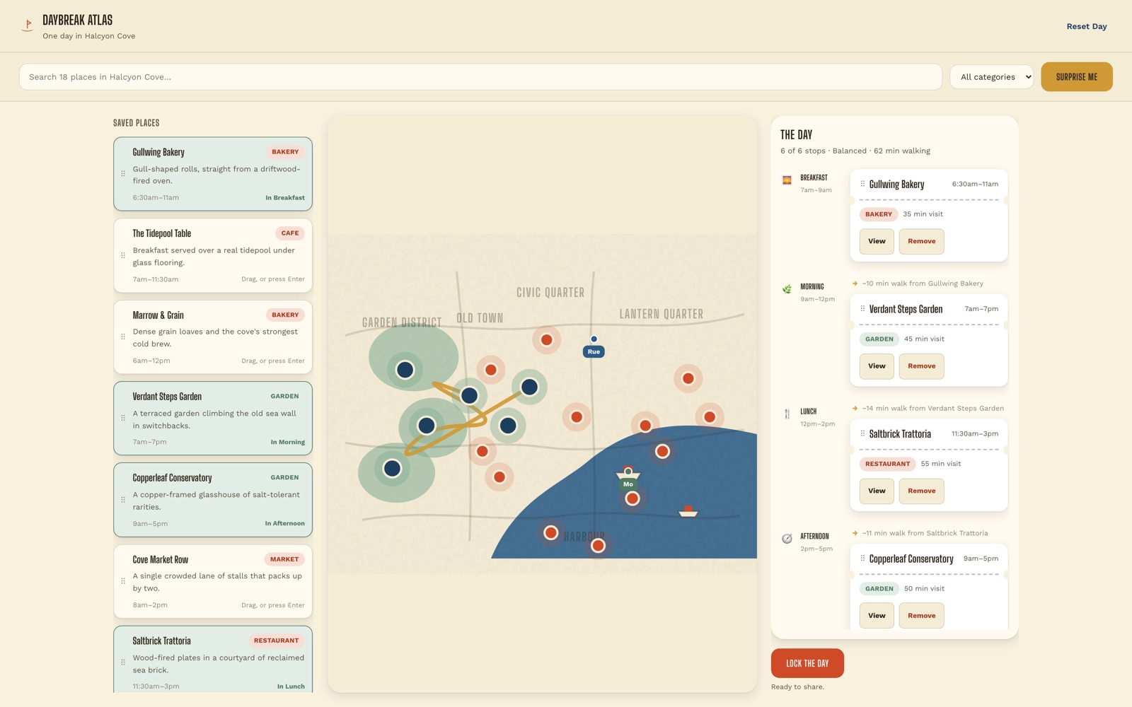 Travel planner dashboard with a city map, place library and day plan