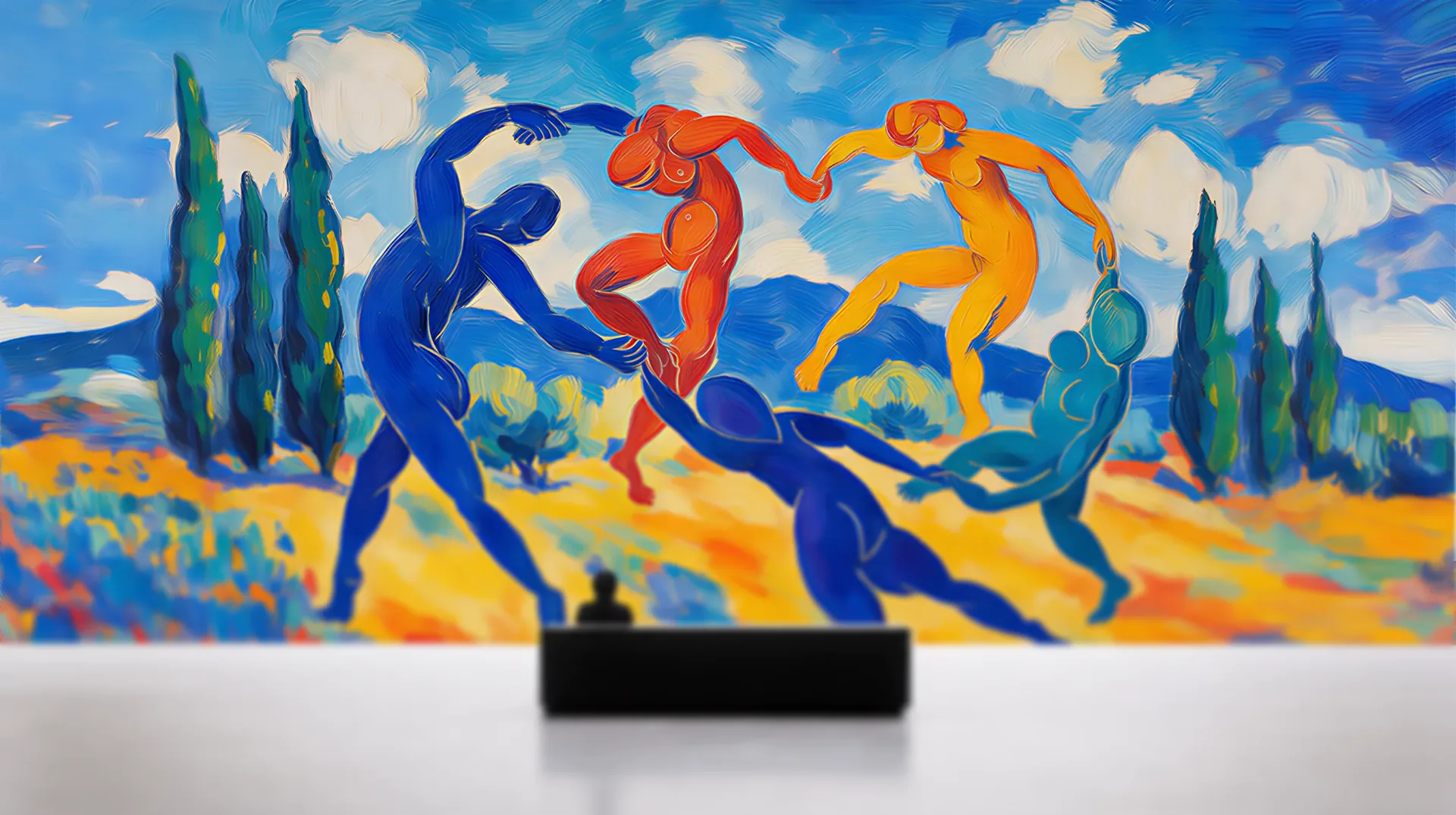 Oil painting of dancers in a ring on a sunlit hillside, from the OpenDesign artwork set