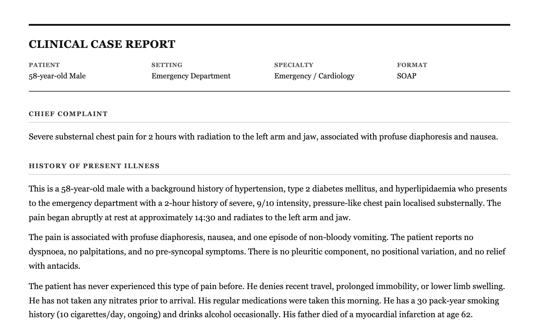 Clinical case report opening with patient metadata, chief complaint, and the illustrative history of present illness.
