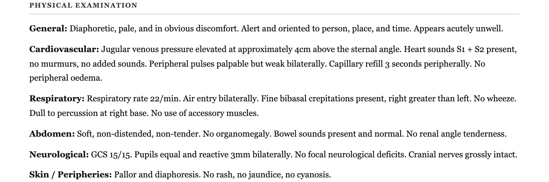 The Physical Examination section uses bold system labels to organize general, cardiovascular, respiratory, abdominal, neurological, and peripheral findings.