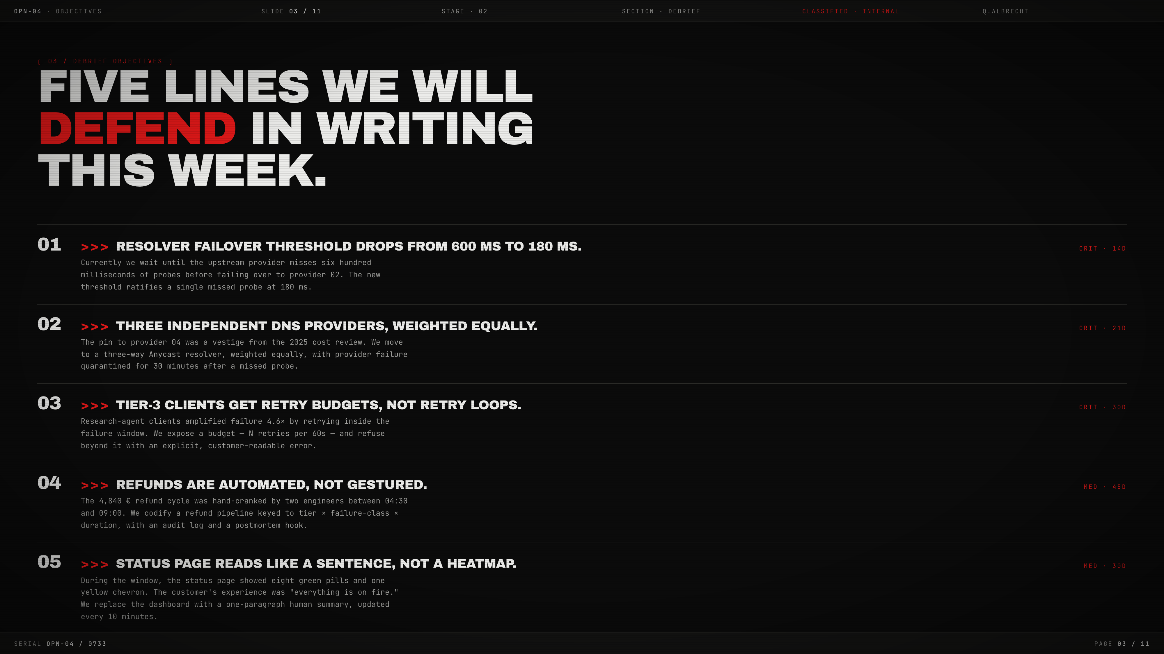 Numbered operational commitments with red arrows and short supporting lines beneath a bold white headline.