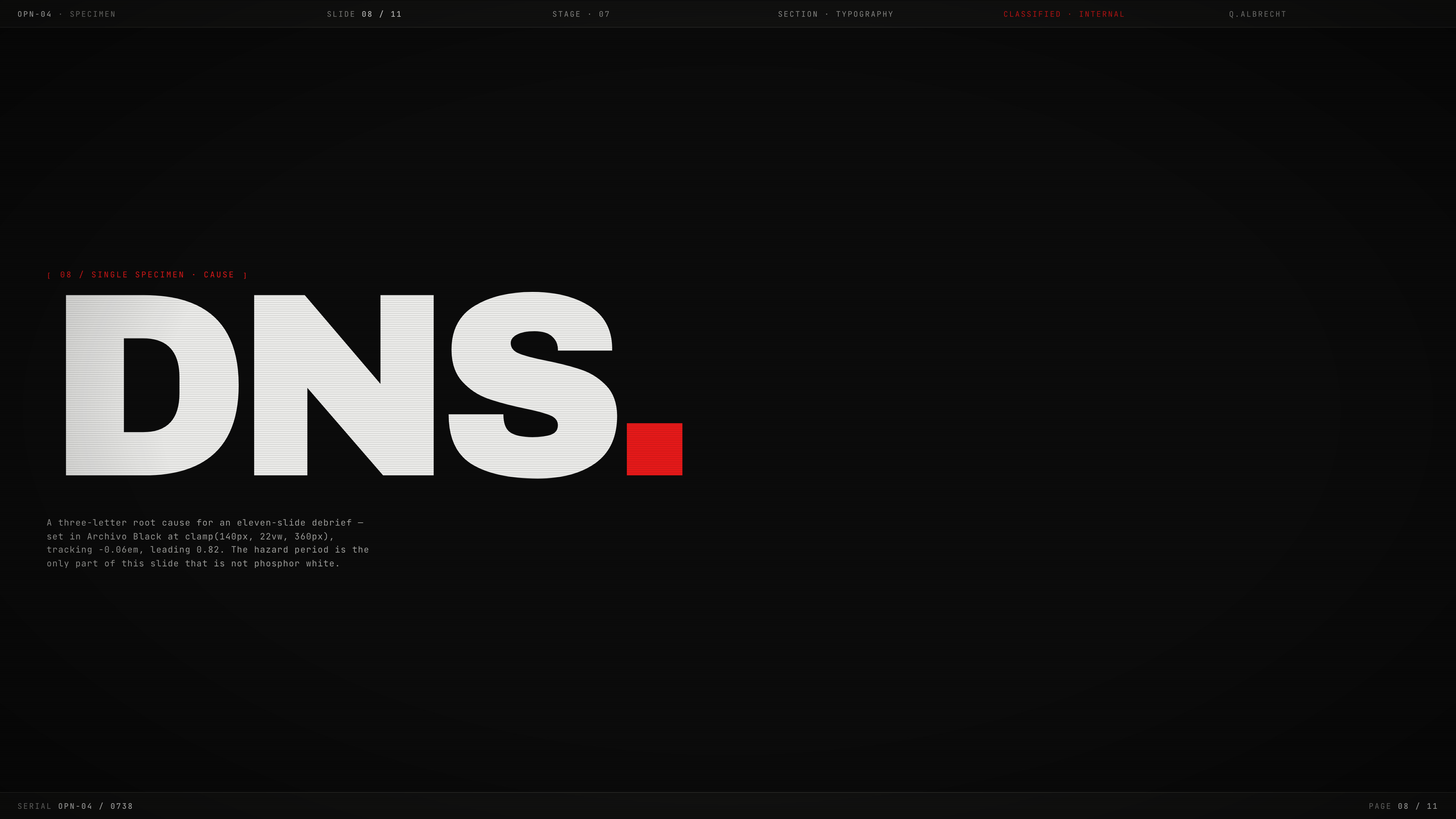 Oversized white DNS lettering with a red period and small explanatory text on a black slide.
