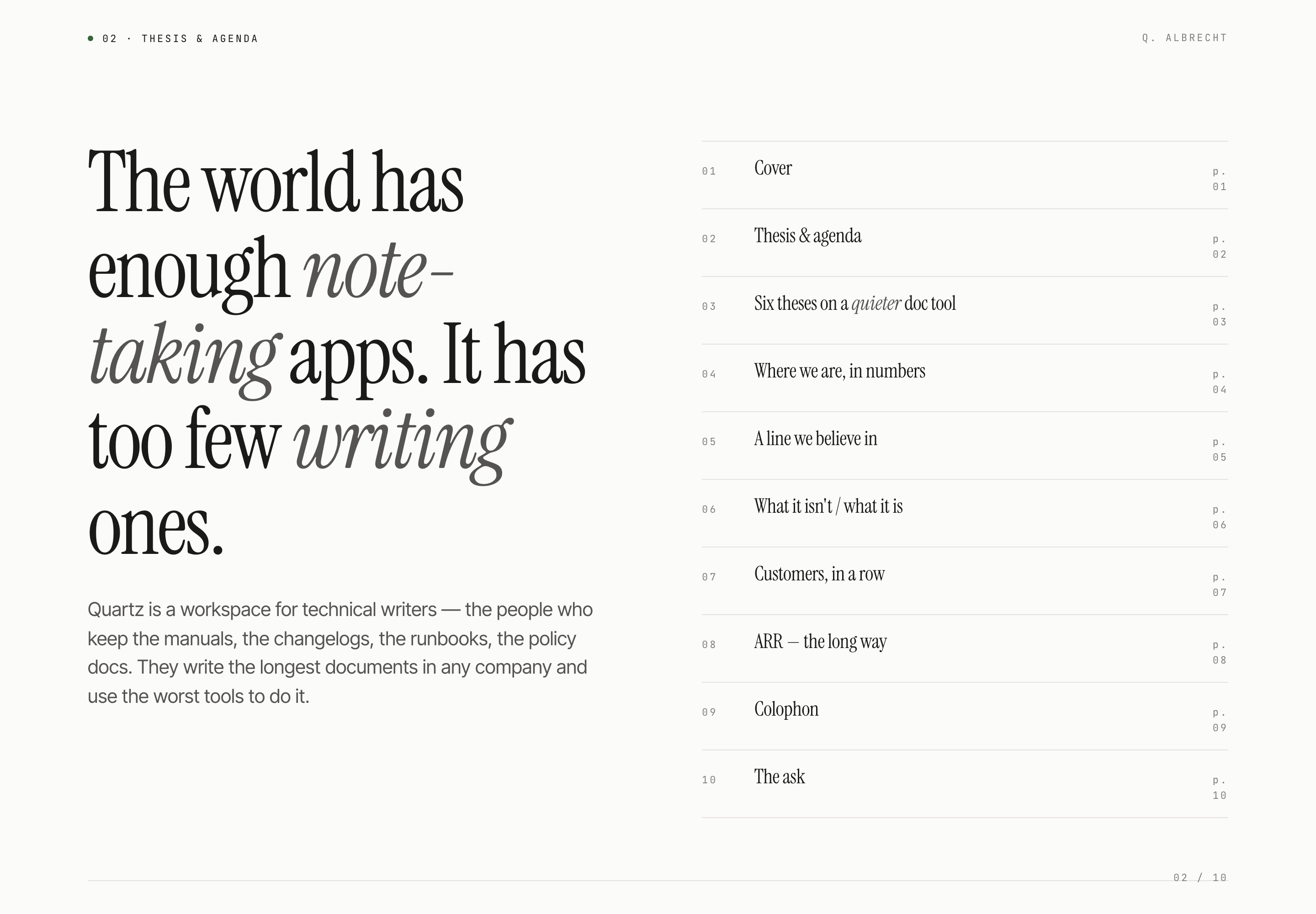 Serif product thesis on the left and a numbered presentation contents list on the right.