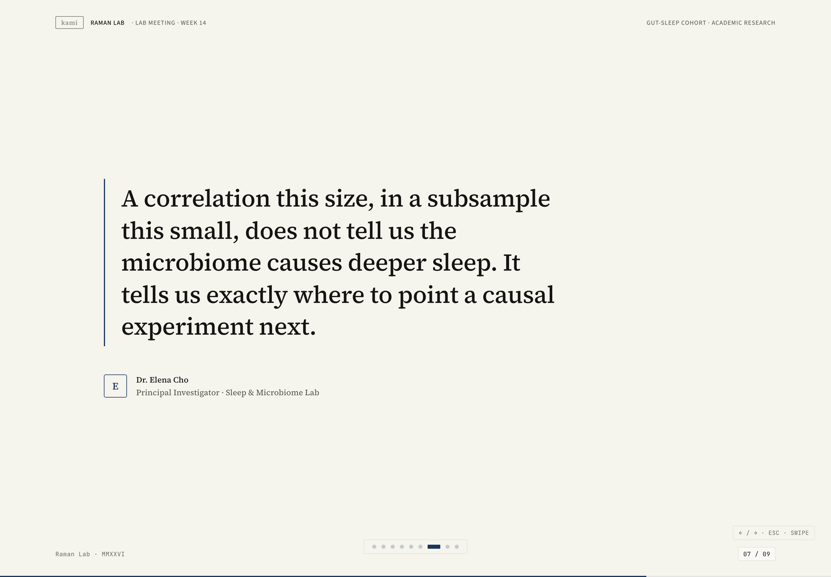 Large serif correlation-caution quote on a cream slide, with a thin navy vertical rule and a small illustrative researcher attribution.