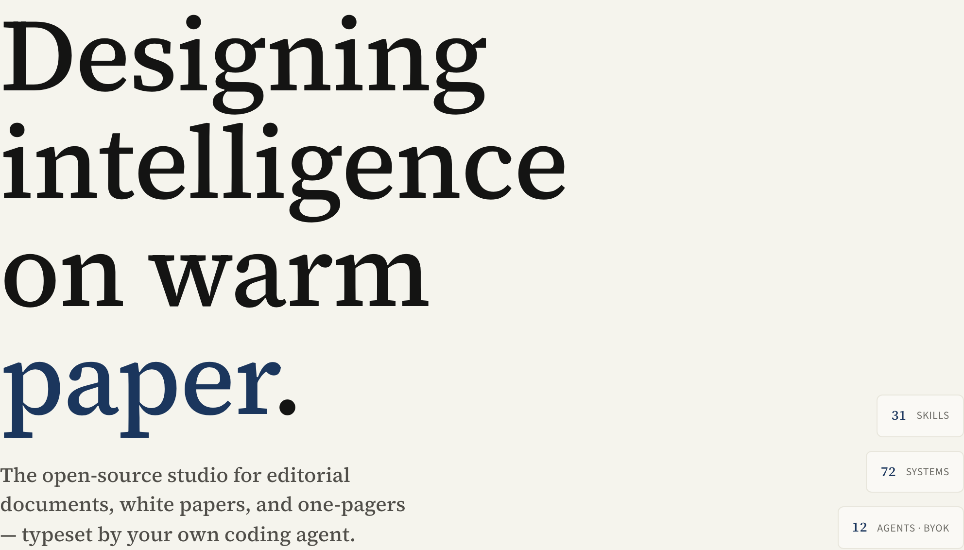 Cream landing hero with large serif typography, a navy accent word and small metric badges on the right.
