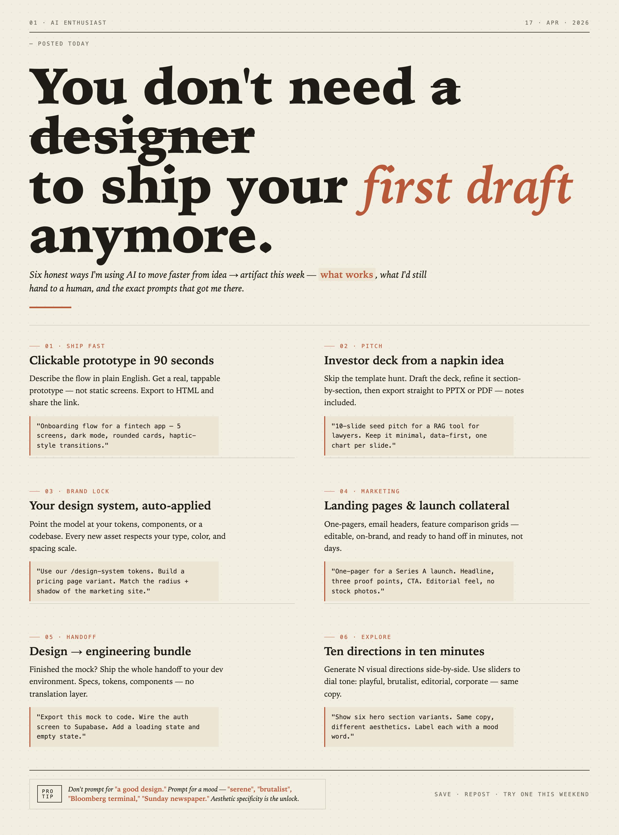 Cream editorial poster with an oversized black serif headline, a struck-through word, rust italic emphasis, and six numbered workflow chapters with shaded prompt specimens.