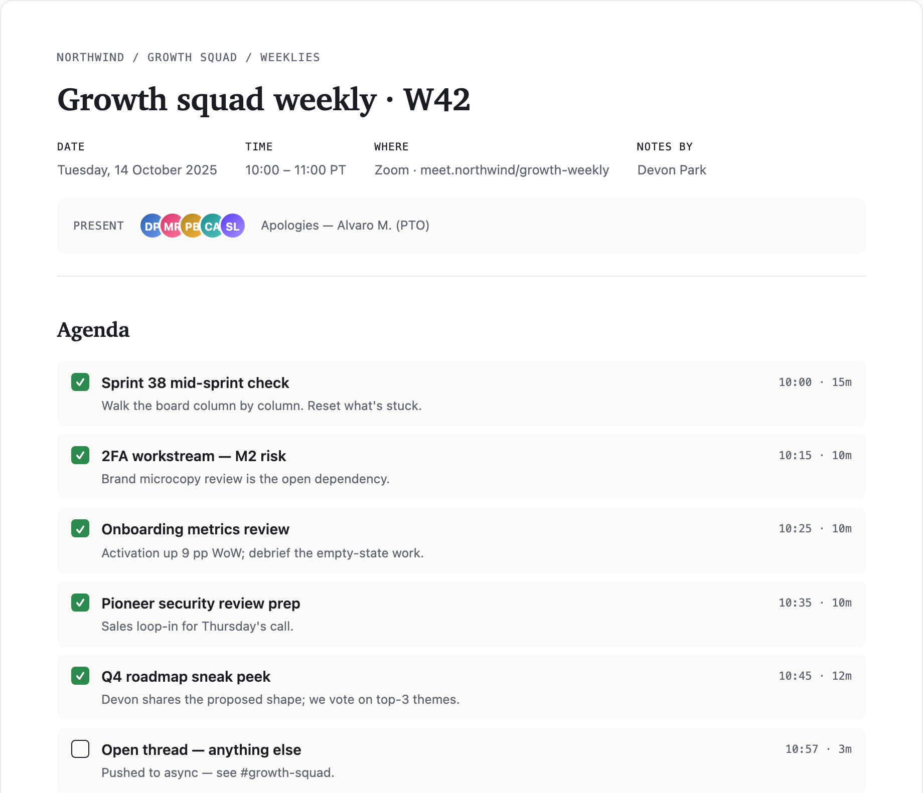 Growth squad meeting notes opening with meeting date and location, attendee initials, and a timed agenda checklist.