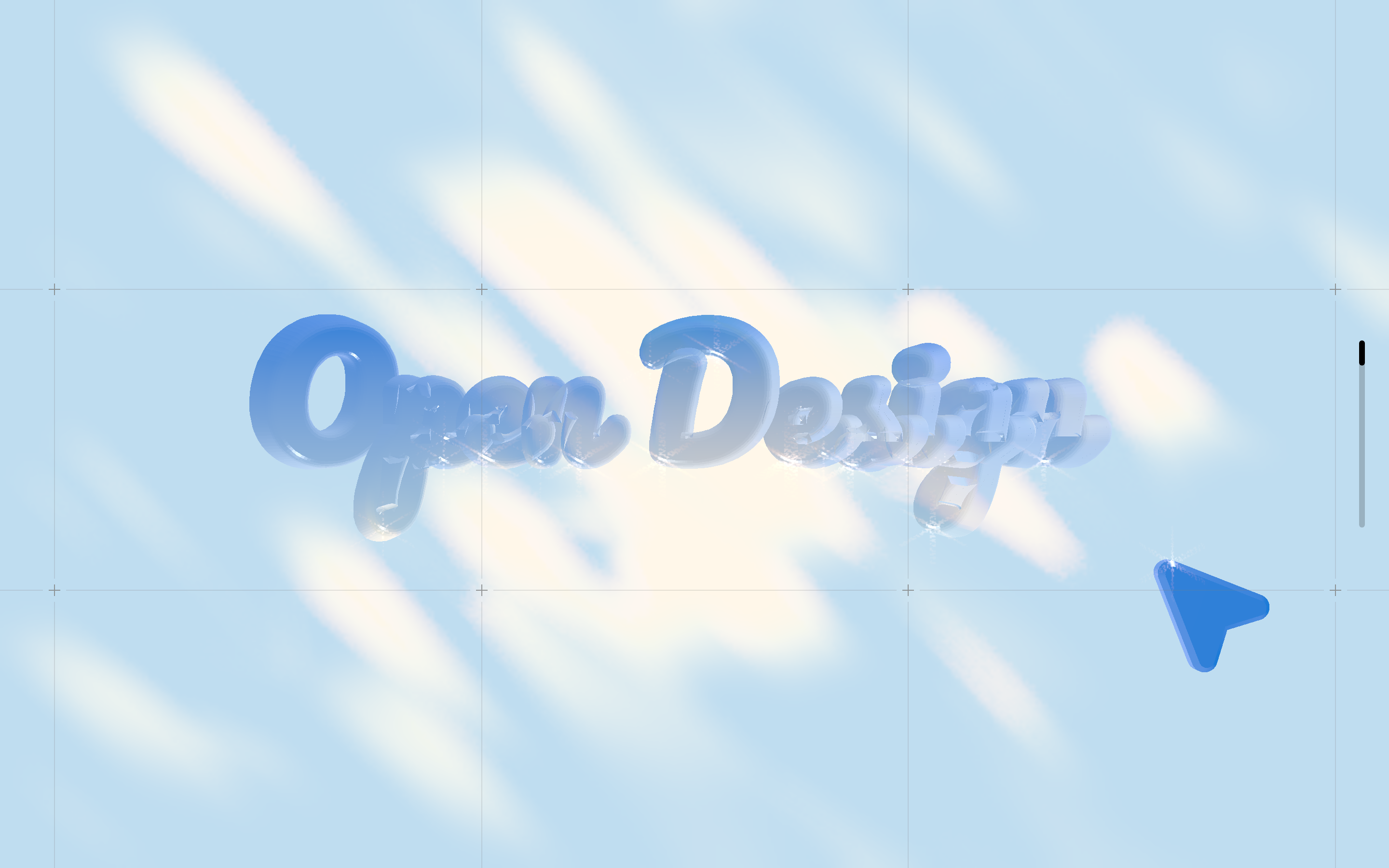 Original OpenDesign portfolio opening scene with reflective blue-and-white three-dimensional brand lettering, cursor sculpture, and a fine grid background.