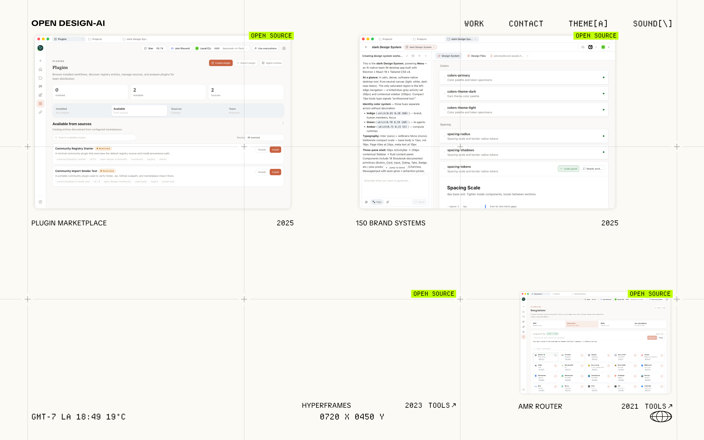 OpenDesign Work view on a pale grid with Plugin Marketplace and 150 Brand Systems screenshots above HyperFrames and AMR Router labels, year markers, lime Open Source badges and monospaced navigation.